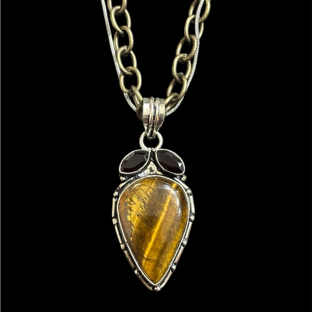 Elegant Silver and Gold 925Stamped Tiger’s Eye Pendant on a DoubleChain Necklace - Picture 5 of 9